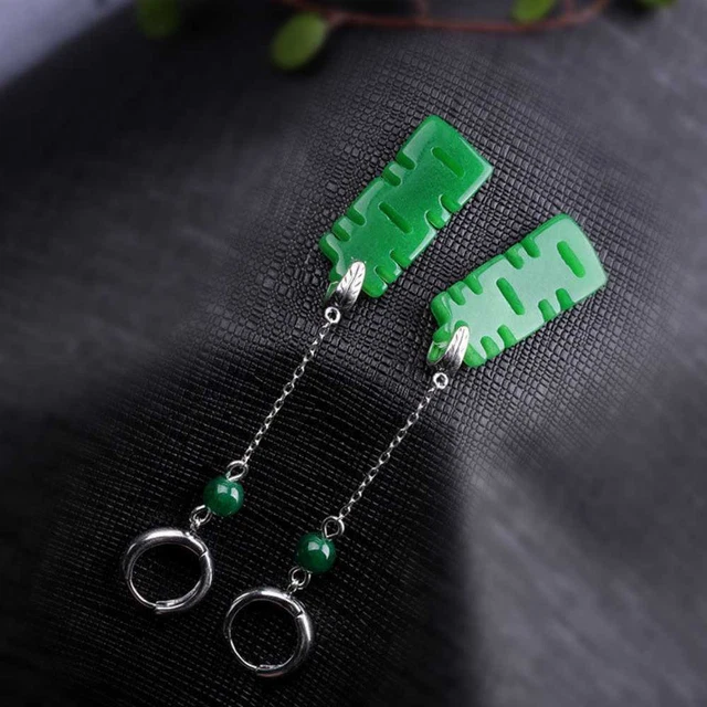 Natural Jadeite Jade Earrings 925 Silver Chain Eardrop CARNIVAL Ear stud