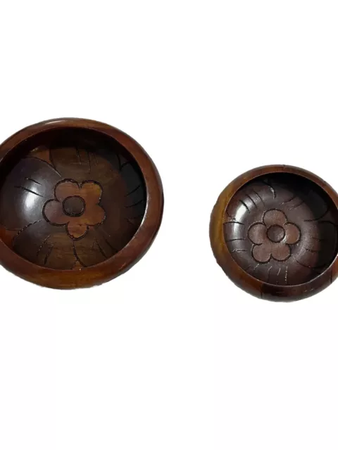 Hand Carved Wood Teak Dark Brown Serving Bowls Wooden Vintage