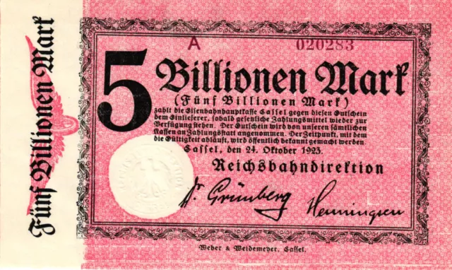 Reichsbahndirektion Cassel 5 Billionen Mark 1923 UNC