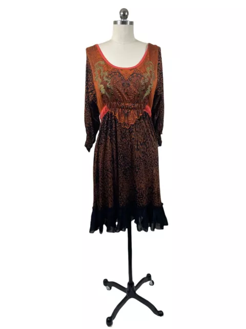Krista Lee Womens Dress  Small Brown Leopard Print Heart Mesh Hem Scoop Neck