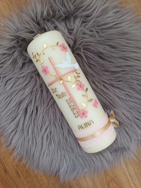 Taufkerze Mädchen personalisiert ,,rosa gold Kreuz" Neu