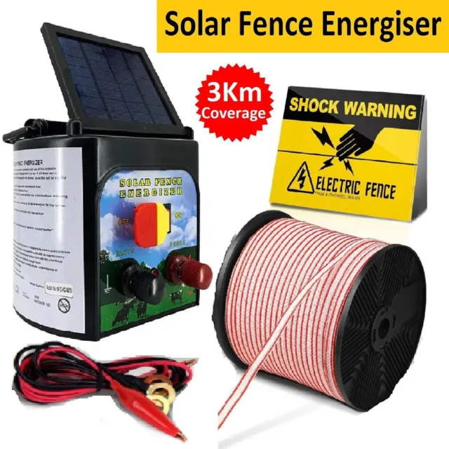 Solar Electric Fence Energiser Set Energizer Charger Tape Insulator Farm Kit 3km