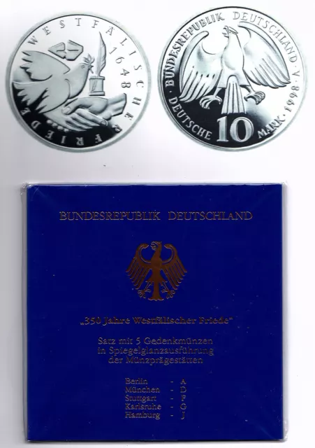 10 DM Deutsche Mark 1998  - 350 Jahre Westfälischer Friede - 5'er Set Spiegelgl.