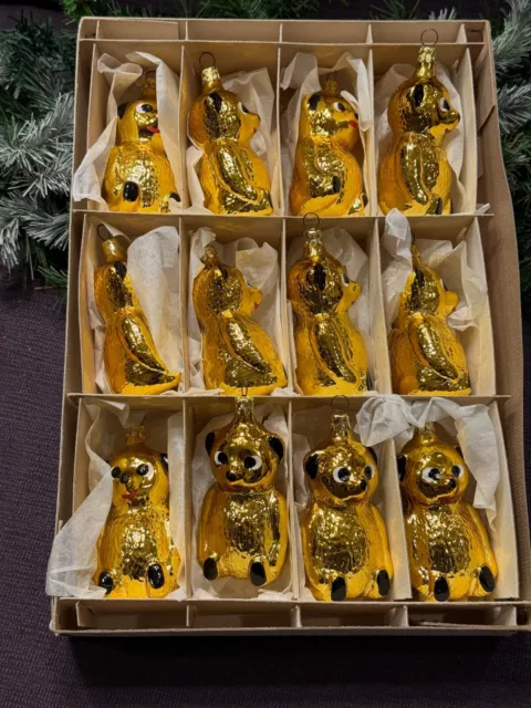 Box 12 NEW/OLD STOCK Vtg 1980s Gold Bear mercury glass  ornament Czechoslovakia 