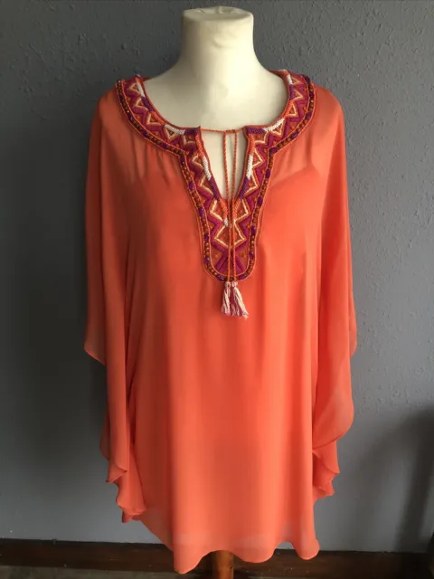 Trina Turk Clara Silk Dress Size 10 Orange Caftan Overlay 2 Pieces Beading