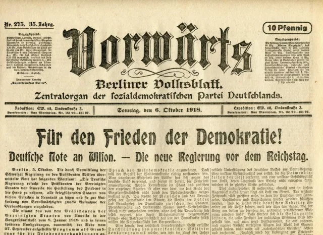 VORWÄRTS (6. Oktober 1918): Für den Frieden der Demokratie!
