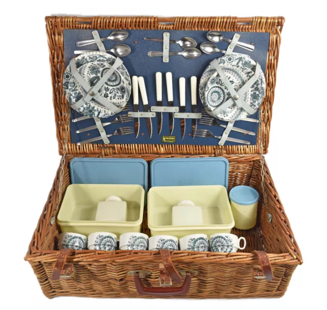 Vintage Brexton Wicker Basket Picnic Hamper Set for 6