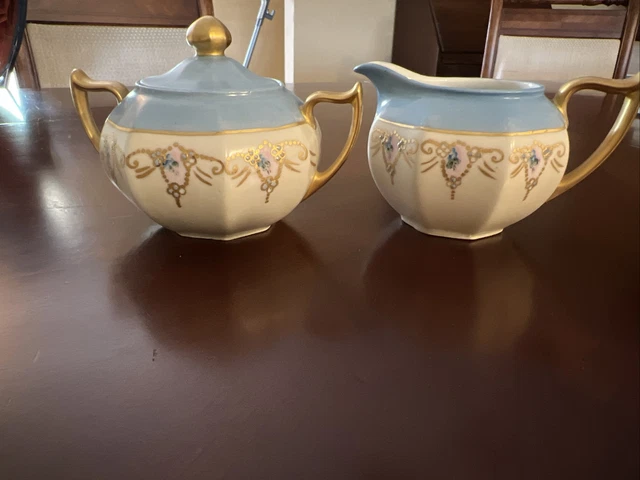 Vintage Z S & Co Blue Creamer And Sugar W Lid Blue Gold Moriage Bavaria