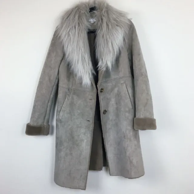 Stunning Women’s Via Spiga Faux Shearling Fur Collar Coat Gray Penny Lane Style