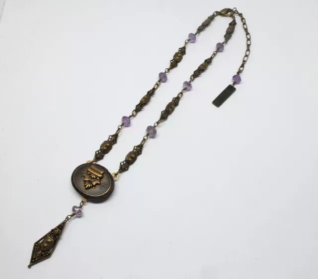 Jan Michaels San Franciso Art Deco style Locket pendant & chain Amethyst beads