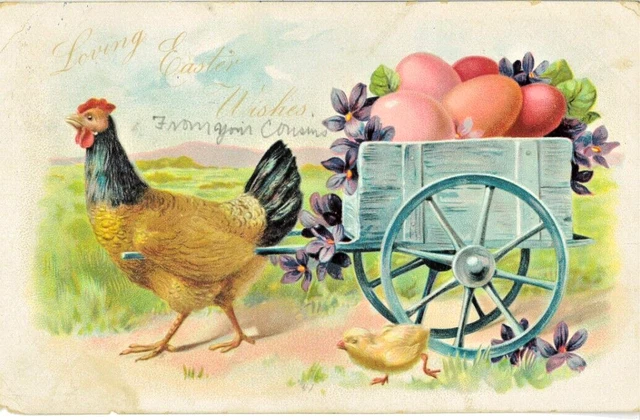 1907 Easter Holiday Lithograph Antique Vintage Postcard Chicken Eggs Fon-du-Lac