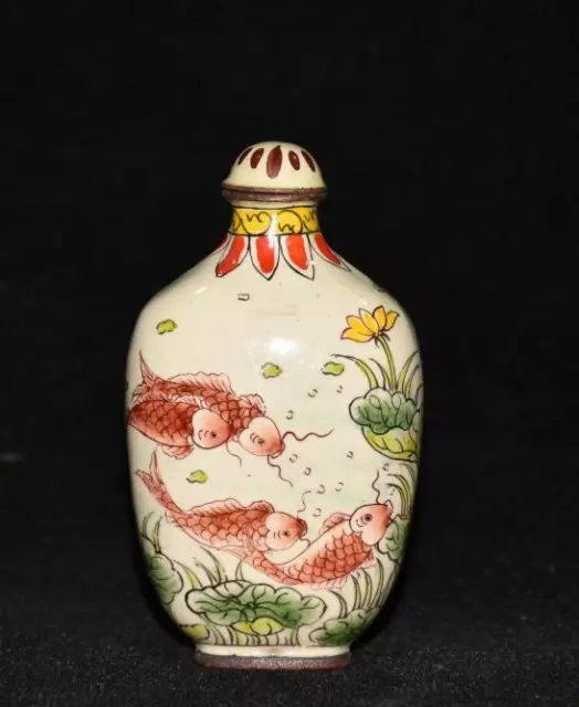 Old Chinese Cloisonne Enamel Hand Painted Goldfish snuff bottle Qian Long Mark