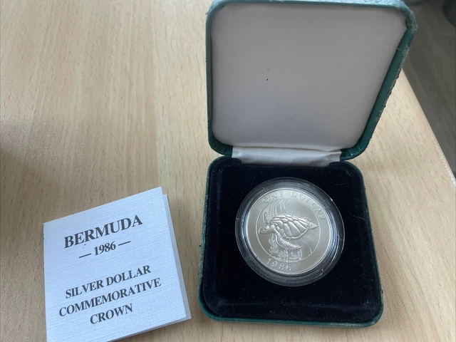 BERMUDA 1986 GREEN SEA TURTLE SILVER PROOF DOLLAR - boxed With Card