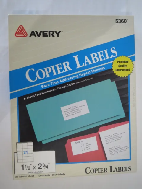 Avery Copier Mailing Labels Copiers 1.5x2.81 White 21/Sheet 100 Sheets/Box 05360