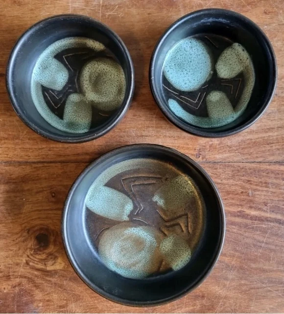 Israeli Vintage Pottery Art Signed Green Black Abstract 3 Piece