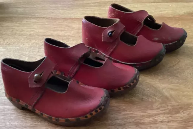 2 PAIRS OF VINTAGE CHILDREN’S DANCE CLOGS Hand-carved red leather wooden shoes