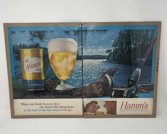 1960 Two Page Hamm's Beer Magazine Ad Fishing  Sky Blue Water Motion