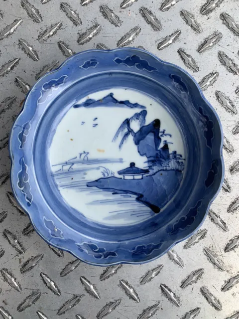 ANTIQUE BLUE & WHITE ORIENTAL Arita Oriental Porcelain Flat Bowl