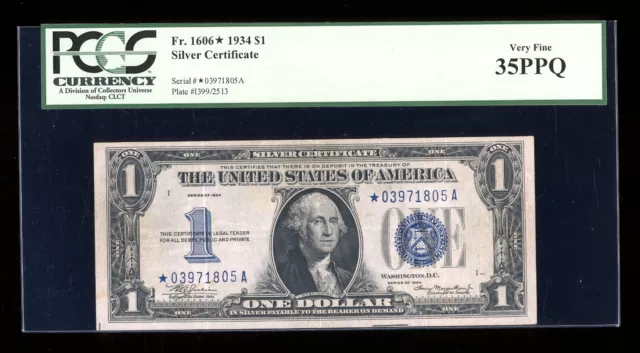 DBR 1934 $1 Silver Funnyback STAR Fr. 1606* PCGS 35 PPQ Serial *03971805A
