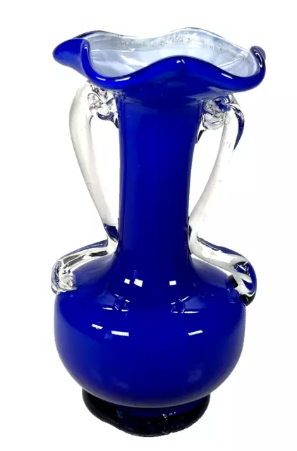 Antique Hand Blown Cobalt Blue Cased Glass Vase Double Handle 5 1/2" Tall