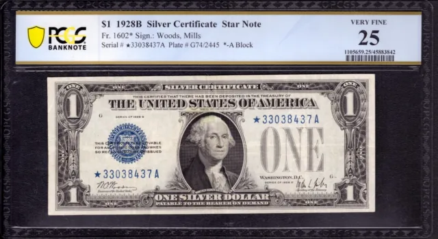 1928 B $1 Silver Certificate Star Note Currency Fr.1602* Pcgs B Very Fine Vf 25