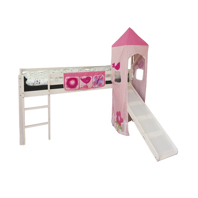 Lit Mezzanine Enfant Avec Toboggan 90x200 Cm - Bois Pin Blanc, Rideau Violet/beige, Espace Jeu Dessous
