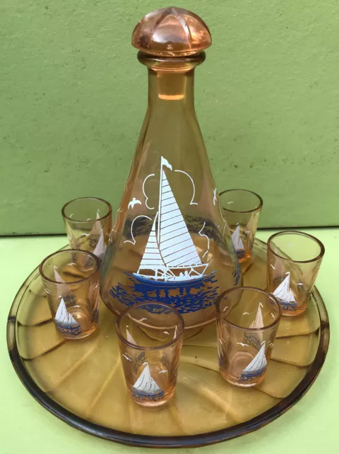 Service A Liqueur Art Deco Carafe Plateau 6 Verres Decor Voilier