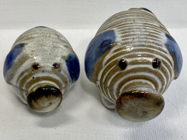 Pair of Ceramic Pig Statuette Figurine Handmade Handpainted  Vintage Collectable