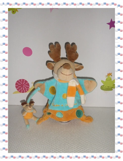 T- Doudou Marionnette Renne Elan Cerf Bleu Orange Beige Bébé Doudou et Compagnie
