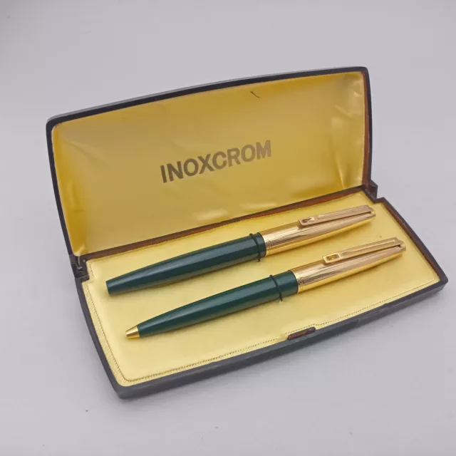 Inoxcrom 88 Dark Olive Green Gold Fountain Pen 14K F Nib Ballpoint Pen Set Rare