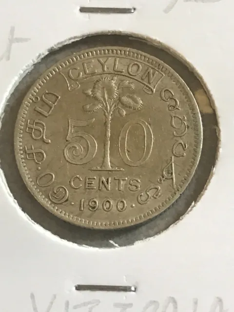 Ceylon Sri lanka 50 Cent 1900 Rupia  Regina Vittoria British Empire Silver Coin