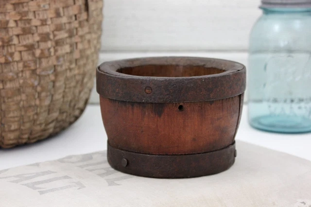 19th C Primitive Wood CHEESE MOLD Antique Forged Iron Banded Strainer AAFA