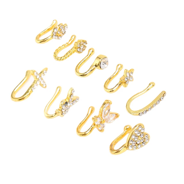 (Gold)Fake Nose Rings Shiny Smooth Stylish Artificial Nose Rings 9pcs Daily Wear