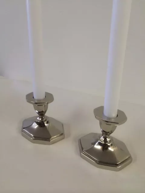 Beautiful Pair Of Large Shiny Nickel Plated Candle Stick Holders Wedding Az-04