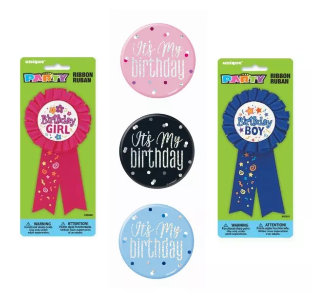 Birthday BADGE Party BIG Male Female Boy Girl Pink Blue Black Ribbon