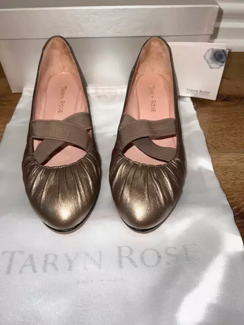 TARYN ROSE Florine Champagne Gold Leather Crisscross Ruche Almond Toe Wedge 6.5M