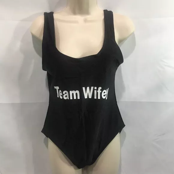 One Piece TEAM WIFEY Bathing Suit Swimwear SIZE LARGE 8-10 BLACK WHITE Body Suit