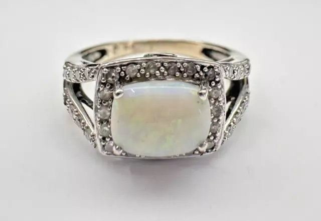 14K White Gold Iridescent Opal Ring CZ & Fire Red Round Accent Stones Size 6