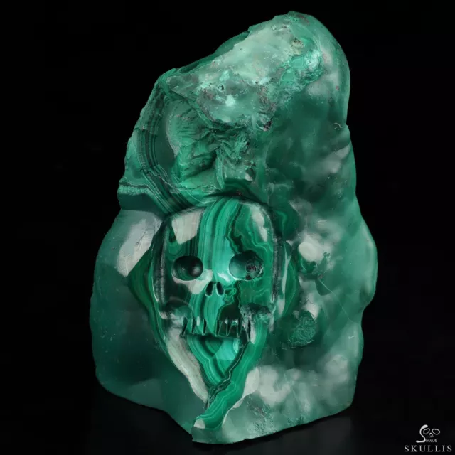 Gemstone 3.2" Malachite Hand Carved Crystal Skull Fine Art Sculpture, Healing