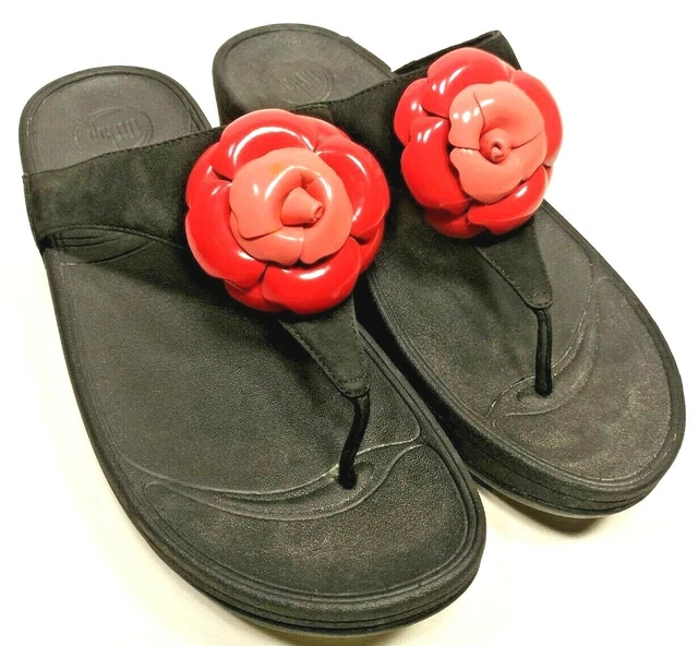 FitFlop Florent Womens Size 10 Black Slip On Thong Sandals Flower Petal Slides