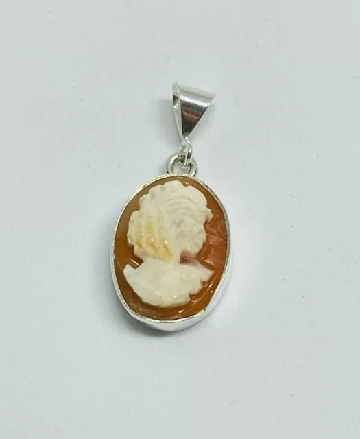 Gorgeous Vintage Real Carved Shell Cameo Pendant 925 Solid Silver #16533