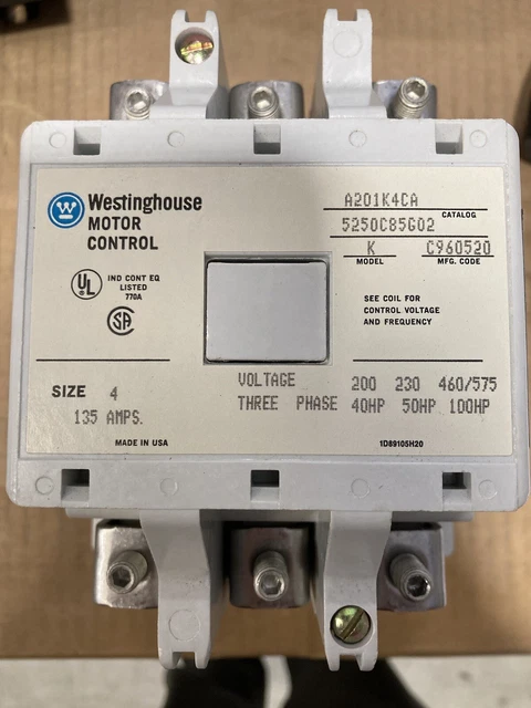 Westinghouse, A201K4Ca, Nema Sz 4, Non-Reversing, 135A, 600V, 120Vac Coil, New!