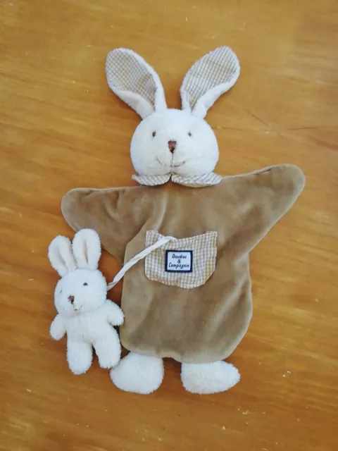 Doudou Et Compagnie Lapin Marionnette Beige Marron Vichy Carreaux Poche + Bébé