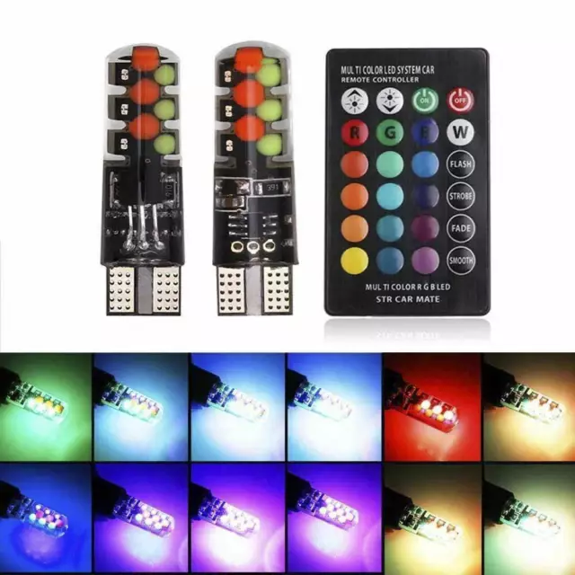 2X LED T10 W5W RGB COB Colour Changing Car Wedge Side Light Bulbs Remote Control