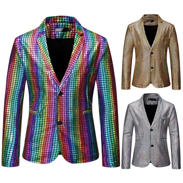 Uomo Quadri Metallizzato Lucido Giacca Abito Cappotto Festa Showman Costume