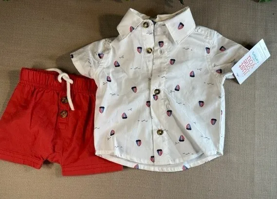 Carter's Just One You Baby Boys' Button Up Shirt & Short Set - Sailboat NB NWT