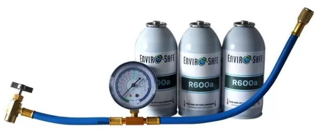 Envirosafe R600a, New Modern Organic AC Coolant, (3) 6 oz. Cans with Gauge Kit