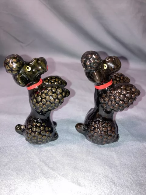 VTG Poodle Beggers Salt&Pepper Shakers 1950s Black Red 4" Inch W/ Corks