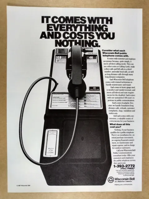 1987 Wisconsin Bell Public Telephone Pay Phone Service vintage print Ad