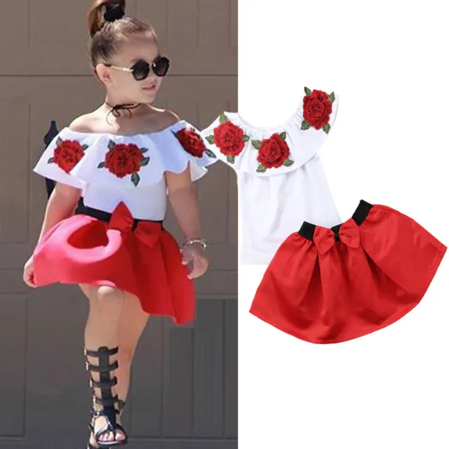 Kids Toddler Baby Girls Ruffle  Off Shoulder Tops+ Mini Skirt Dresses Outfit Set